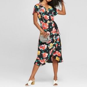 Women's Floral Print Short Flutter Sleeve Wrap Mid